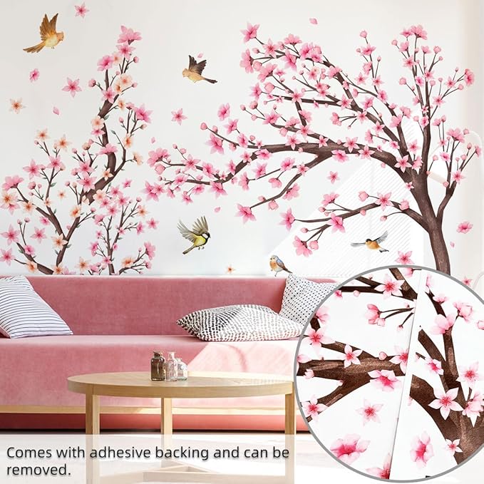 Pink Cherry Blossom Floral Birds Wall Decals Large Cherry Blossom Tree Branch Wall Stickers for Sofa TV Background Wall Decor Bedroom Living Room 67.32x42.91inch