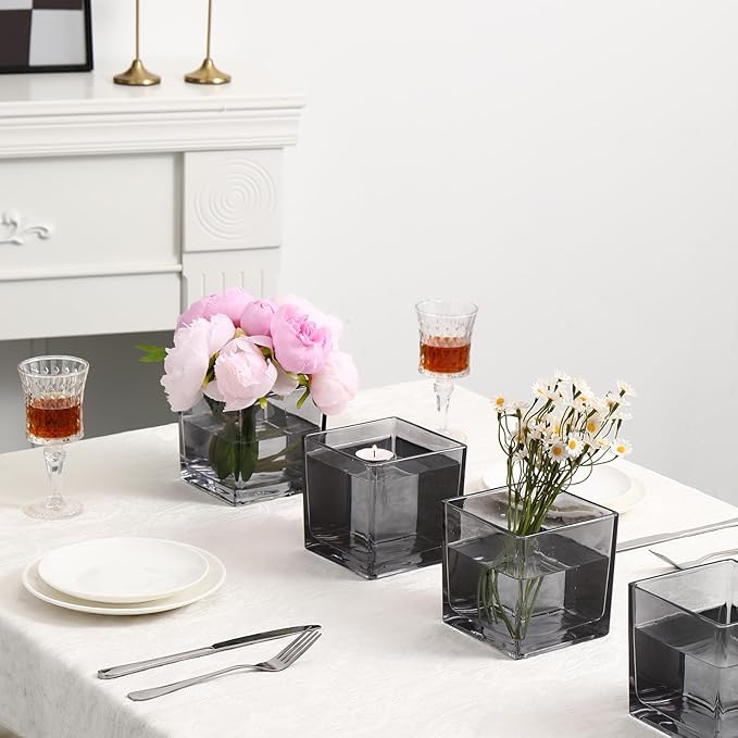 Square Glass Vases Set of 4, 4"x 4"x 4" Flower Vases for Centerpieces, Grey Glass Vase for Flowers, Small Vase for Wedding, Party, Home Office Decoration