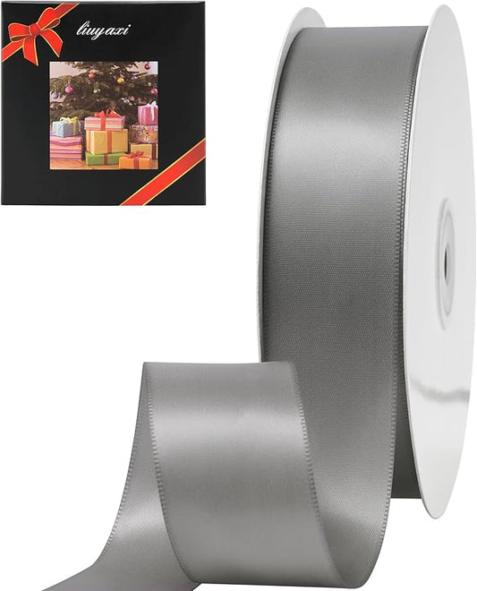 LIUYAXI Silver Stain Ribbon, 1-1/2" X Continuous 50 Yards, Double Faced Fabric Ribbon Perfect for Gift Wrapping Wedding Birthday Party Chair Sash Christmas Hair Floral Craft Sewing