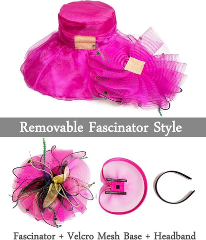 Organza Derby Hats for Women Wide Brim Fascinator Hat Rose Flower Wedding Tea Party Hat