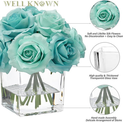WELL KNOWN Rose Artificial Flowers in Vase with Faux Water, Silk Rose Table Centerpieces for Home Coffee Table Decor, Fake Roses Flower Arrangements for Office Hotel Lavatory Decor (Light Teal Blue)
