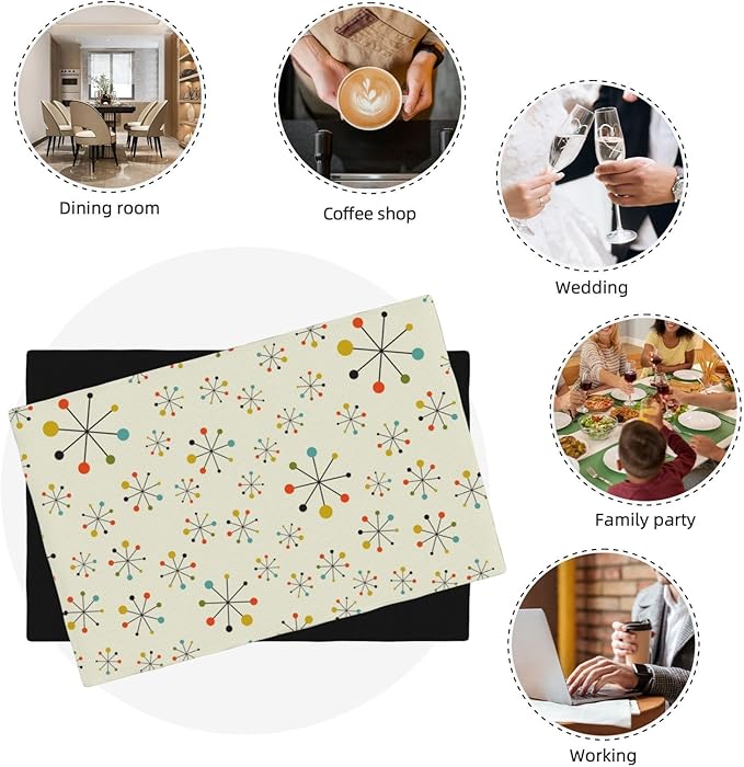Mid Century Retro Placemats Set of 6 Yellow Kitchen Table Mats for Dining Farmhouse Holiday Home Decor,Linen Washable Place Mats 12x18 6 PCS, Style-18