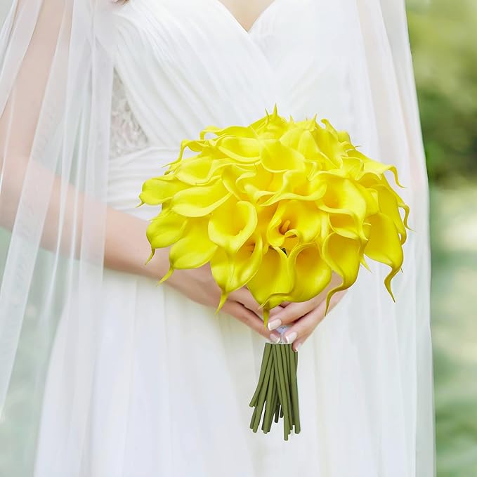 24 Pcs Yellow Artificial Calla Lily Flowers Fake Yellow Silk Flowers Real Touch for Wedding Bouquet Office Home Kitchen Decor