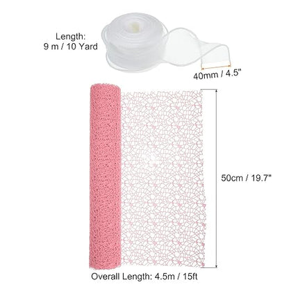 PATIKIL Flower Wrapping Mesh Paper, 15ft Floral Bouquet Craft Packaging Hollow Net Yarn with Ribbon for Flowers Gift Packaging, Pink