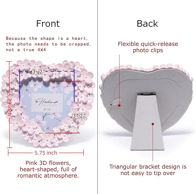 Hodao 4x4 Inch 3D Floral Heart Shaped Frame - Hand-Crafted Resin Picture Frame with White & Gold Accents for Wedding, Valentine’s Day & Romantic Home Decor (Pink-Heart)