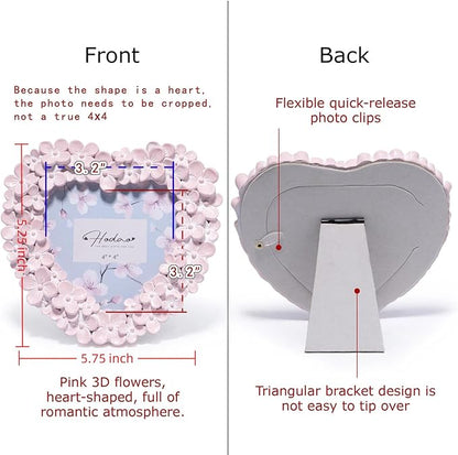 Hodao 4x4 Inch 3D Floral Heart Shaped Frame - Hand-Crafted Resin Picture Frame with White & Gold Accents for Wedding, Valentine’s Day & Romantic Home Decor (Pink-Heart)