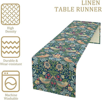 William Morris Floral Table Runner, Vintage Green Flowers Botanical Printed Table Runner for Home Kitchen Dining Table Decoration,13x108 Inch