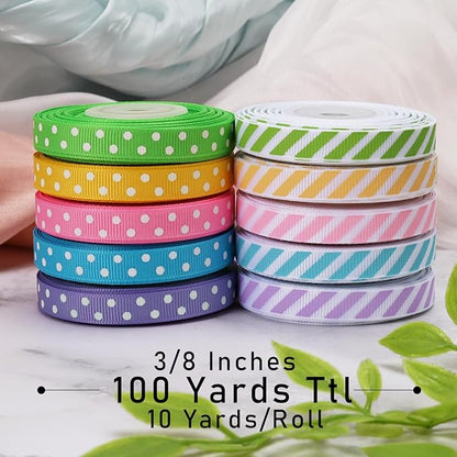 LaRibbons 3/8 Inch 100 Yards Grosgrain Ribbon Set 10 Yd/Roll 10 Rolls Striped and Polka Dot Spring Easter Craft Ribbon for Gift Wrapping Floral Bouquets Wedding Party Decoration