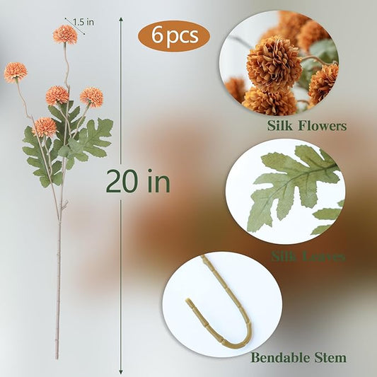 mizii 6Pcs Orange Fake Silk Pompon Mum Artificial Flowers Bulk Small Faux Chrysanthemums with Stems Floral Decorations for Wedding DIY Bouquet Centerpieces Shower Vase Home Decor (Burnt Orange)