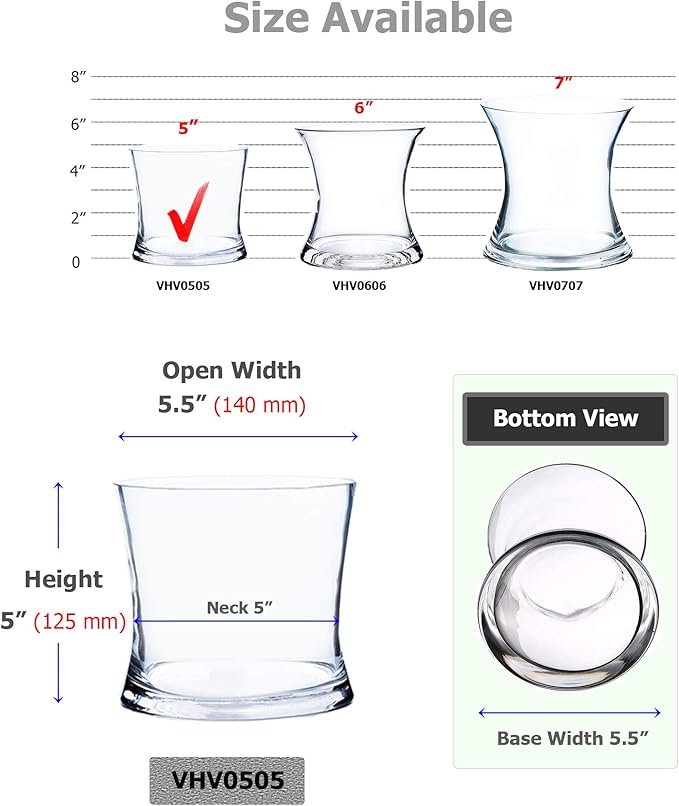 WGV Unique Bouquet Vase Bulk, 5.5" W, 5" H, Clear Short Hurricane Concaved Gathering Glass Floral Candle Holder, Home Wedding Event Decor, 12 Pieces (VHV0505)