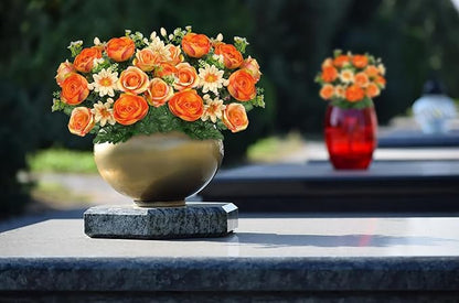 Hollyone Set of 2 Artificial Cemetery Flower for Graves Orange Cemetery Memorial Flowers for Outdoor Grave Decorations Silk Flower Arrangements Rose Ranunculus Gerbera Floral Flowers Bouquets