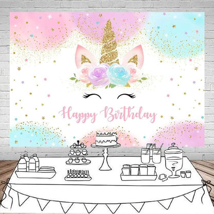 Mocsicka Unicorn Birthday Decorations Unicorn Backdrop for Girls Birthday Party 10x7ft Pastel Rainbow Unicorn Glitter Stars Dots Happy Birthday Banner Photo Booth Props