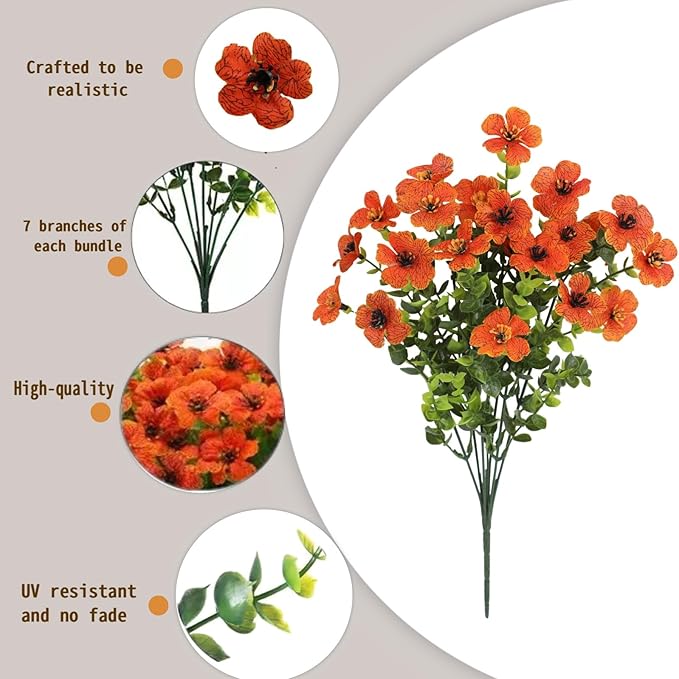 SHIAWASENA Realistic Outdoor Fake Plants Flowers, Artificial Flowers, UV Resistant, 12 Bundles Faux Silk Colorful Violet Flowers Bouquet with Eucalyptus (Yellow & Orange & Red)