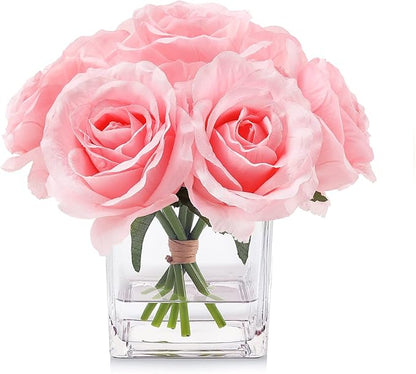 7 Large Stem Pink Rose Artificial Flowers in Vase, Fake Rose with Fake Flowers in Vase for Home Decor, Wedding Table (Pink)
