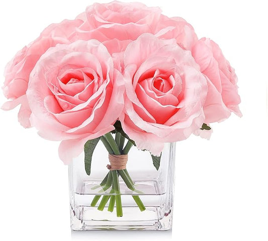 7 Large Stem Pink Rose Artificial Flowers in Vase, Fake Rose with Fake Flowers in Vase for Home Decor, Wedding Table (Pink)