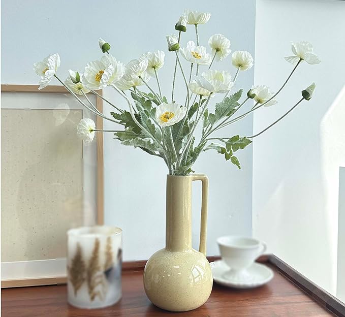 Set of 6 White Poppies Flowers Artificial for Vase, Faux Wildflowers with Long Stems, Silk Flowers Arrangement for Wedding Party Farmhouse Home Office Indoor Kitchen Dining Table Decoration