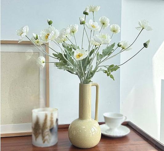 Set of 6 White Poppies Flowers Artificial for Vase, Faux Wildflowers with Long Stems, Silk Flowers Arrangement for Wedding Party Farmhouse Home Office Indoor Kitchen Dining Table Decoration