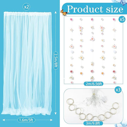 8 Pcs Hanging Flower Garlands White Tulle Backdrop Curtain 10×8ft Sheer Backdrop Curtains Artificial Rose Flowers Hanging Decorations for Birthday Valentines Engagement Wedding Anniversary