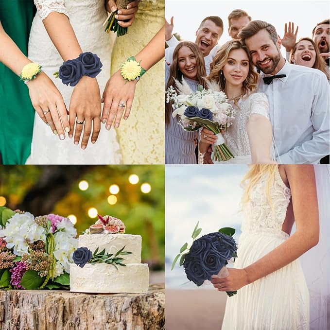 JOYLEX 50Pcs Navy Blue Artificial Flowers Realistic Roses, Real Looking Fake Roses with Stem for DIY Wedding Bouquets Centerpieces Bridal Shower Party Home Romantic Decorations (Navy Blue, 50pcs)