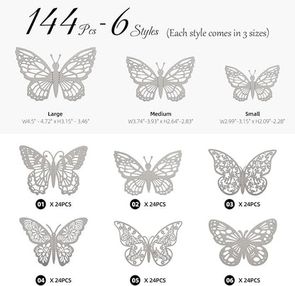 144 Pcs 3D Butterfly Wall Stickers Decor 6 Styles 3 Sizes, Silver Removable Butterfly Decals Room Wall Decor for Kids Nursery Classroom, Wedding, Party, Baby Shower