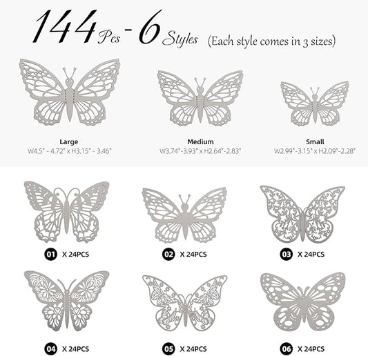 144 Pcs 3D Butterfly Wall Stickers Decor 6 Styles 3 Sizes, Silver Removable Butterfly Decals Room Wall Decor for Kids Nursery Classroom, Wedding, Party, Baby Shower