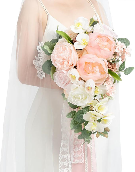 Ling's moment Blush Bridal Bouquet Cascading, Pink Wedding Bouquets for Bride, 13 Inch Bride Bouquets for Wedding Artificial Flowers Bouquets
