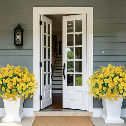 Ouddy Decor 24 Bundles Artificial Flowers for Outdoors Decoration Fake Silk Morning Glory Flowers Faux Eucalyptus Plants UV Resistant for Porch Patio Garden Spring Summer Home Decor, Yellow
