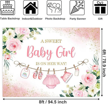Sensfun Cute Clothes Baby Shower Backdrop A Sweet Baby Girl is On Her Way Banner Watercolor Pink Floral Sweet Little Girl Baby Shower Party Decorations Banner Supplies Photo Booth Props 8x6ft