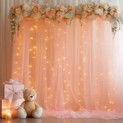 10ft x 10ft Peach Backdrop Curtain Panels with Lights String for Parties, Sheer Tulle Wedding Photo Backdrops Drapes for Baby Shower Birthday Party Decorations Background for Photography