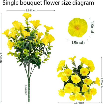 Artificial Outdoor Flowers 16 Bundles Fake Morning Glory Flower Outdoor UV Resistant Plastic Faux Flowers Plants for Decoration Indoor Outdoor Hanging Window Box Planter Home Porch Decor (Yellow)