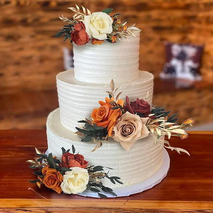 Rinlong 3Pcs Pre-made Cake Topper Cake Decorating Flowers for Cake Decor Boho Burnt Orange Fall Cake Flowers for Wedding Baptism Birthday Party Bridal Baby Shower