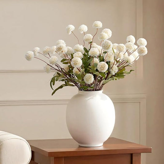 Real-Touch Faux Silk Mums Bouquet, Bendable Long Stems, Full & Realistic Artificial Flower Arrangement for Vase, Table, Wedding & Wreath Décor, Beige(No Vase) (White)