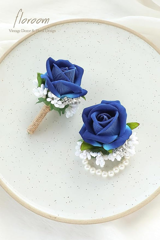 Floroom Royal Blue Rose Wrist Corsage Wristlet Band Bracelet and Men Boutonniere Set for Wedding Flower Accessories Prom Suit Decorations