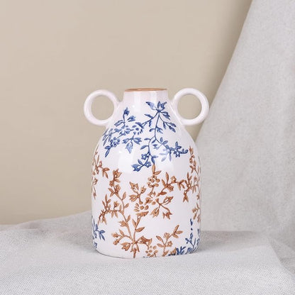 Rustic Blue Ceramic Vase with Handle, Nordic Boho Small Vases Side Table Flower Centerpiece, Wide Mouth Single Flower Vase Pampas Grass Decorative - for Home Window Sill Living Dining Room Kitchen