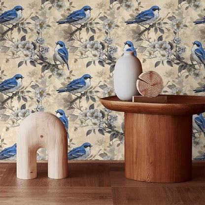 Vintage White Cherry Flowers Blue Birds Peel and Stick Wallpaper Easy Peel Off Contact Paper Stick on Adhesive Wall Paper for Bathroom Waterproof Renter Friendly
