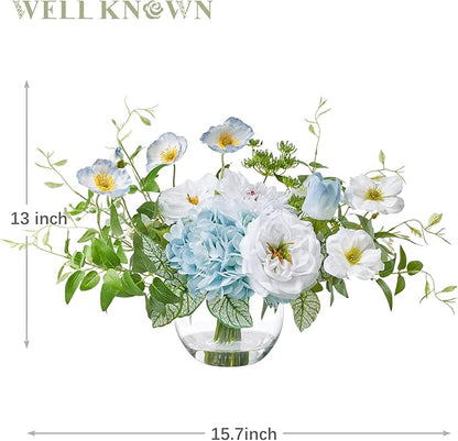 WELL KNOWN Artificial Silk Flowers Bouquet with Vase, Fake Flower Arrangements in Glass Vase with Faux Water for Spring Summer Seasonal Home Office Hotel Wedding Table Decor (Blue in Spring)