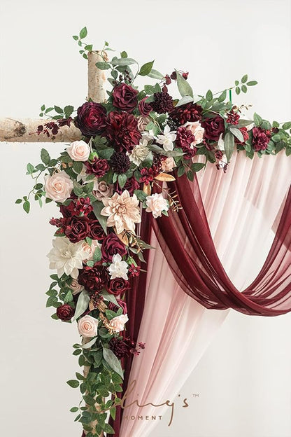 Ling's moment Deluxe Wedding Arch Flowers with Drapes Kit-Pack of 5, 2pcs Flower Arrangements 3pcs Hanging Sheer Drapes Pink Ceremony Arbor Red Backdrop Artificial Rose Floral Decorations
