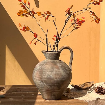 Ceramic Rustic Farmhouse Vase with Handle, 8.7 Inch Brown Vintage Vase, Rustic Ceramic Pottery for Home Decor, Farmhouse Decor Centerpiece for Kitchen, Living Room, Entryway