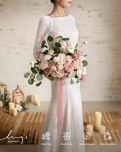 Ling's moment Pink Wedding Bouquets for Bride, Dusty Rose Bridal Bouquets for Bride, 15 Inch Free Form Artificial Wedding Flowers Bouquets