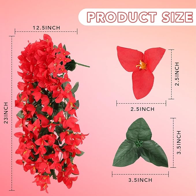 Artificial Bougainvillea Flowers for Outdoor Plant,12 pcs Faux Hanging Flowers Bougainvillea for Outside Decoration,Fake Silk UV Resistant Vines for Front Door Porch(Red)