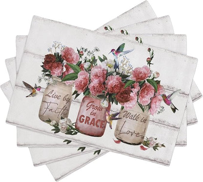 Rose Flower Placemats Set of 4 Farmhouse Peony Floral Table Mats Washable Place mats for Home Party Indoor Kitchen Dining Table Decoration 12x18 Inch