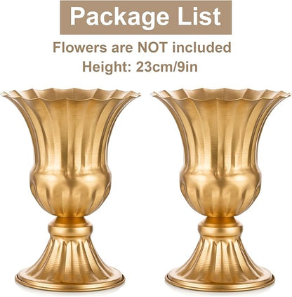 Sziqiqi Gold Flower Arrangements Vase for Wedding Table Centerpiece - 9in Metal Planter Vase Pot for Artificial Real Flower Small Trumpet Plant Urn for Garden