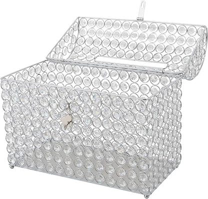 Crystal Wedding Card Box With Heart Lock Silver Treasure Chest Money Card Box Gift Decorative Memory Box for Wedding Birthday Graduation Party Decoration