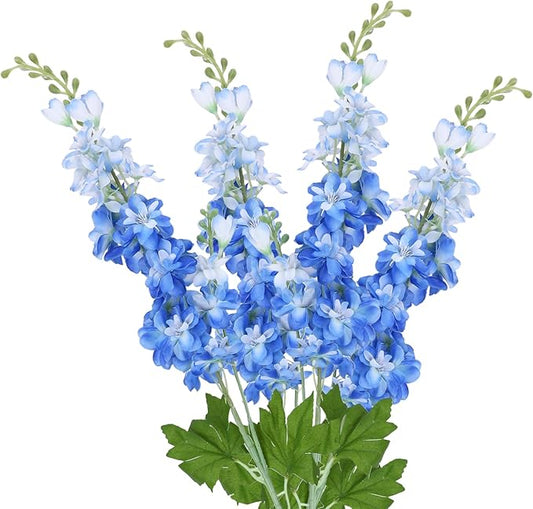 4 Pcs Blue Delphinium Artificial Flowers 33.1'' Faux Flowers Lifelike Fake Larkspur Long Stem Silk Plant for Wedding Party Tall Vase Outdoor Bouquet Decor