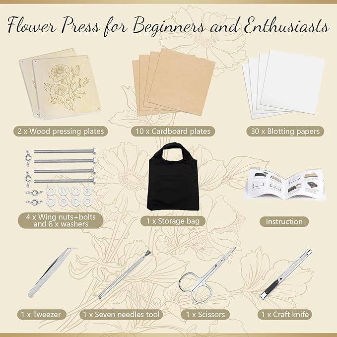 GTQYYF Large Flower Press Kit 10.8 x10.8 inches with Storage Bag,Solid Wood Flower Press Kit - DIY Arts and Craft Kit 10 -Layers, Ideal Gift for Flower & Plant Lovers
