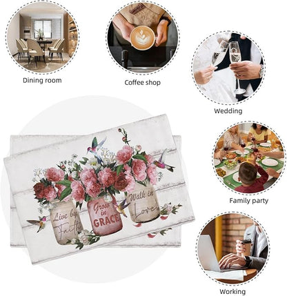 Rose Flower Placemats Set of 4 Farmhouse Peony Floral Table Mats Washable Place mats for Home Party Indoor Kitchen Dining Table Decoration 12x18 Inch