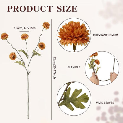 DuHouse 6pcs Artificial Flowers Faux Silk Pompon Mum,Silk Small Mini Chrysanthemum Ball with Stems for DIY Wedding Bouquets Centerpieces Vase Home Table Kitchen Decorations(Burnt Orange)
