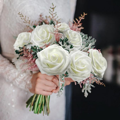 100 Pieces Artificial Foam Rose Flowers Faux Bouquet with Leaves and Stems for DIY Wedding Bouquets Centerpieces Bridal Shower Party Valentine Home Decorations(Ivory)