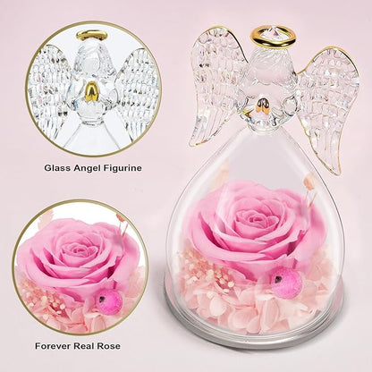 Yamonic Mom Birthday Gifts for Mom, Angel Figurines with Real Rose Gifts for Her Mom Grandma,Preserved Flowers Rose Angel Figurines for Mothers Day Christmas Anniversary Birthday Gifts for Her (Pink)