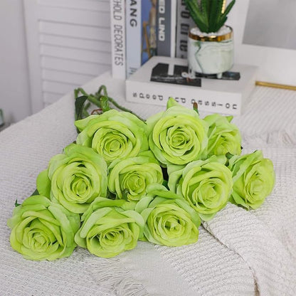 Nubry Artificial Silk Rose Flower Bouquet Lifelike Fake Rose for Wedding Home Party Decoration Event Gift 10pcs (Green)